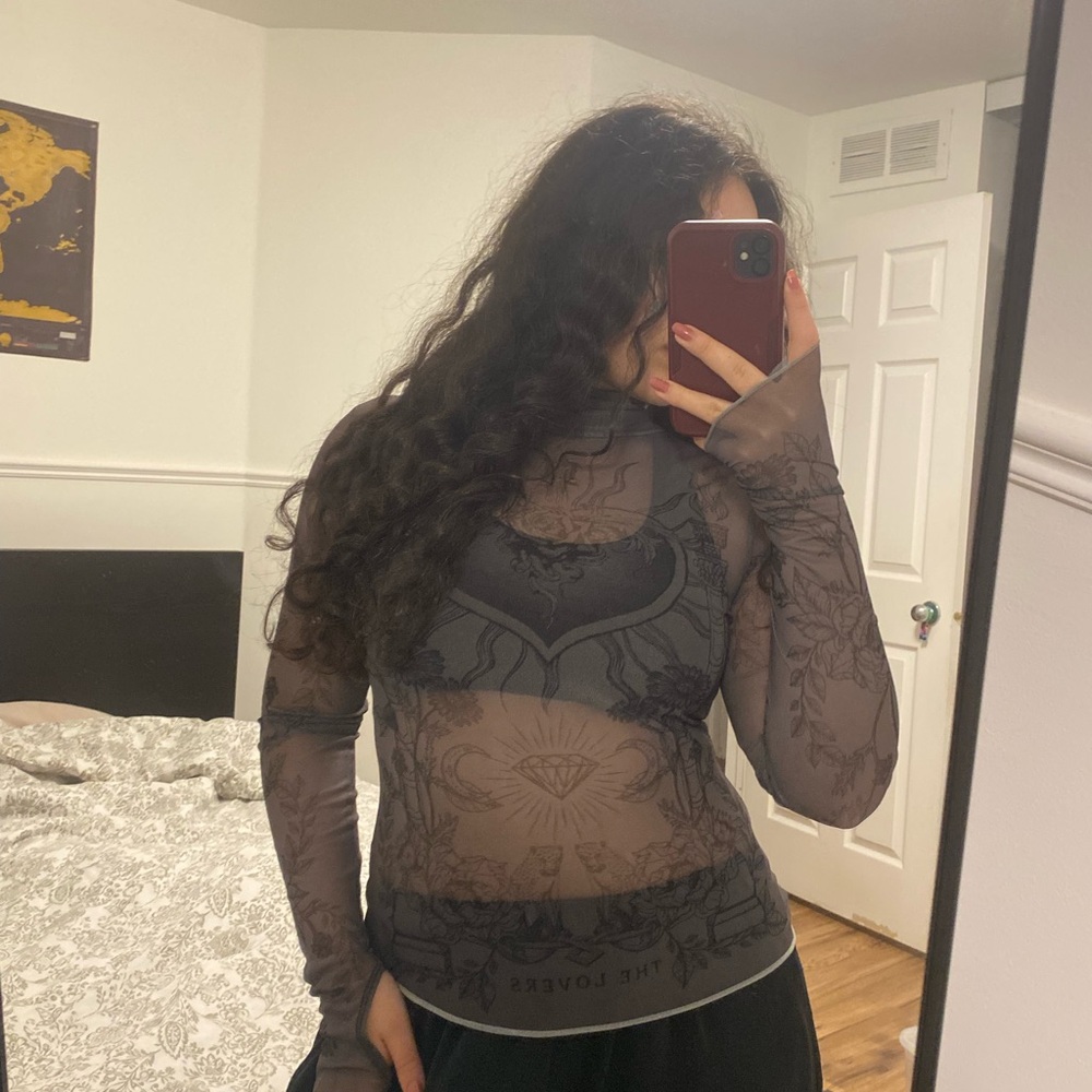 AFRM Gray Sheer Fitted Long Sleeve Blouse